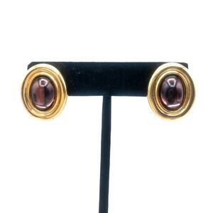 Vintage Monet Gold Tone Oval Plum Cabochon Pierced Earrings Classic